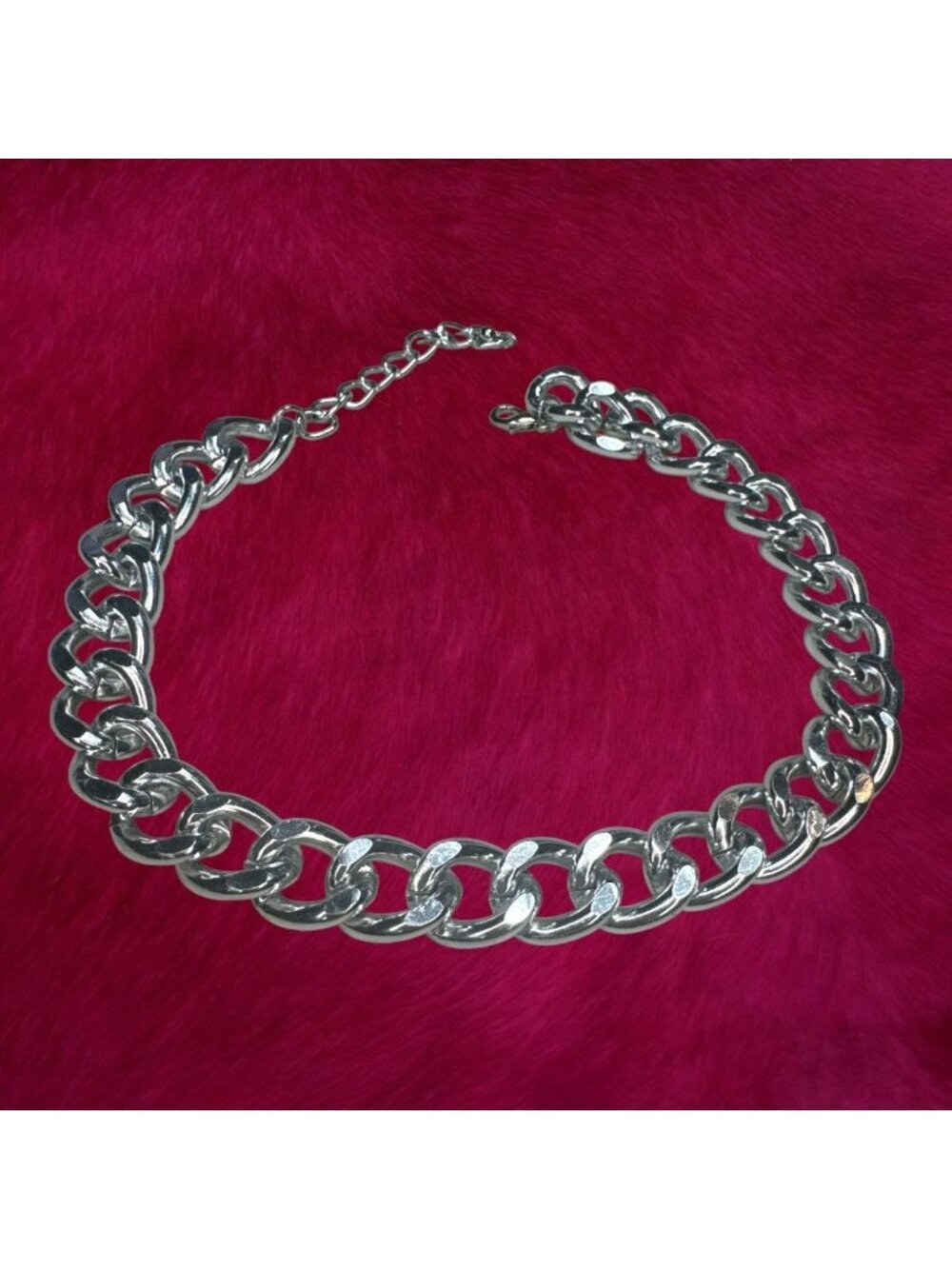 Chunky Silver Tone Curb Link Chain Necklace Choker - 16" + Extender with Adjusta